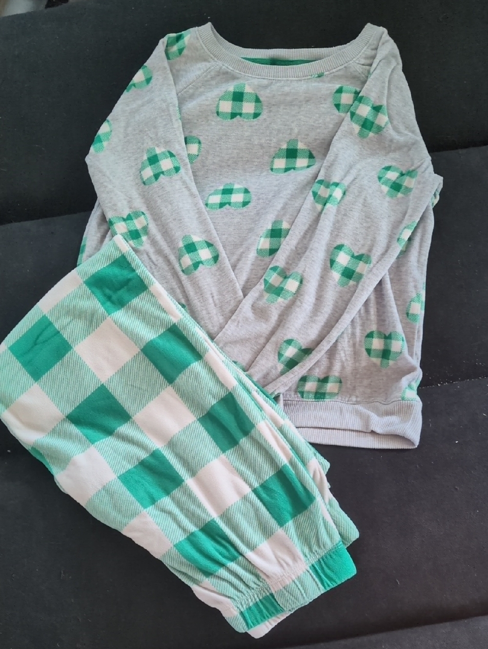 Kids Green Heart Plaid Pajama Set